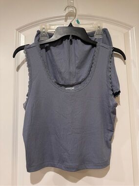 Essentials Ribbed Lace-Trim Tank Top / Boyshorts - Slate Blue